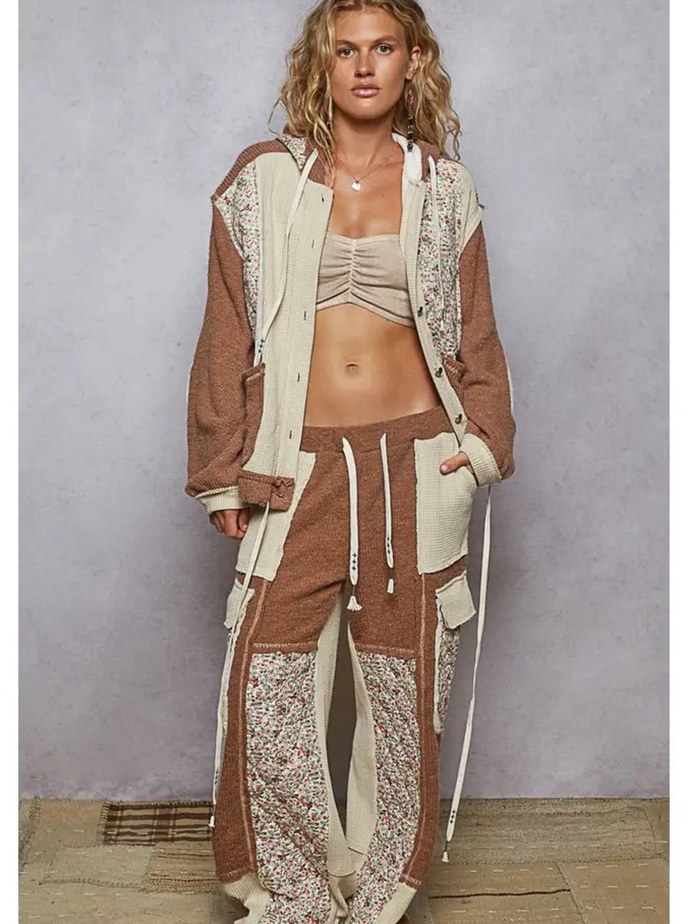 Thermal Quilted Detail Floral Knit Pants | Oat Choco size L